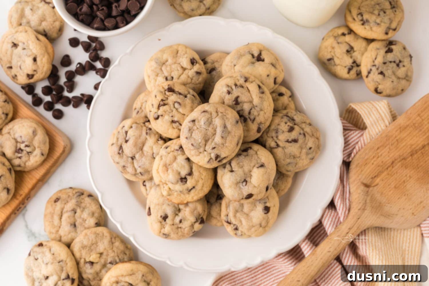 Tiny Chocolate Chip Delights 3 A close-up of golden brown mini chocolate chip cookies with melted chocolate chips.