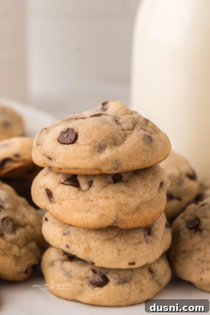Tiny Chocolate Chip Delights 4 Pile of bite-sized chocolate chip cookies on a plate, ready to be served.