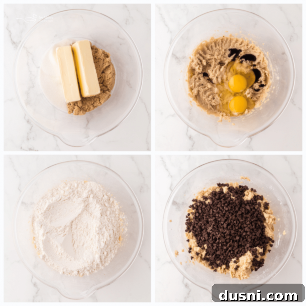 Tiny Chocolate Chip Delights 8 Overhead shot of cookie dough being mixed in a stand mixer.