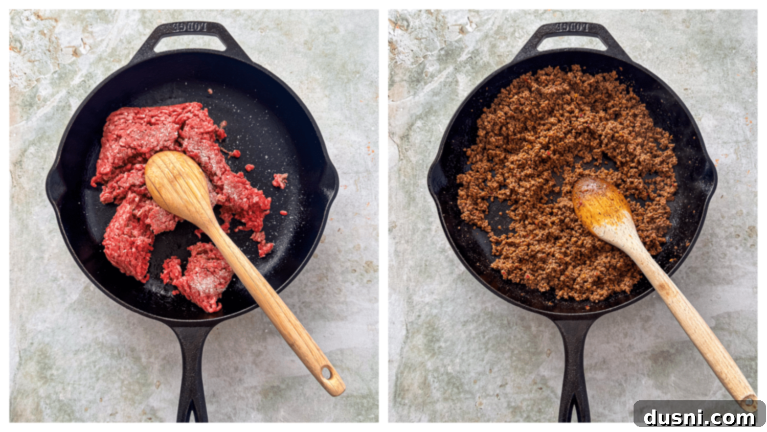 Ground beef cooking in a skillet with taco seasoning and water added.