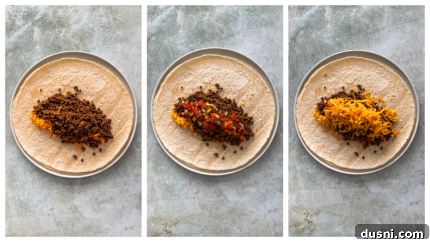 Assembling a Meximelt with layers of cheese, ground beef, and pico de gallo on a tortilla.
