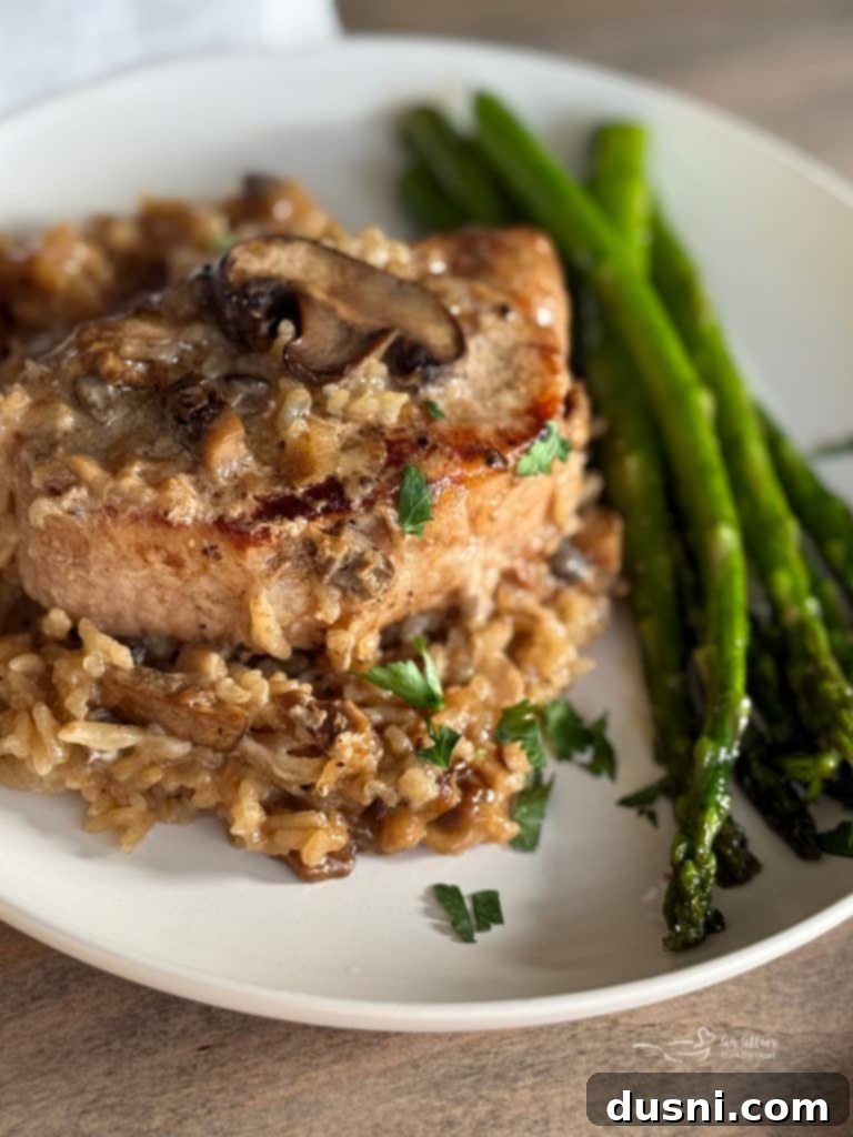 A close-up shot of baked No Peek Pork Chops and Rice, showing the moist rice and tender pork.