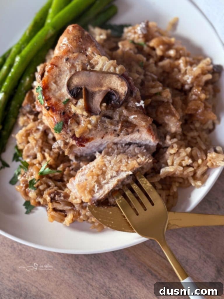 Baked No Peek Pork Chops and Rice served in a skillet, with a scoop removed.