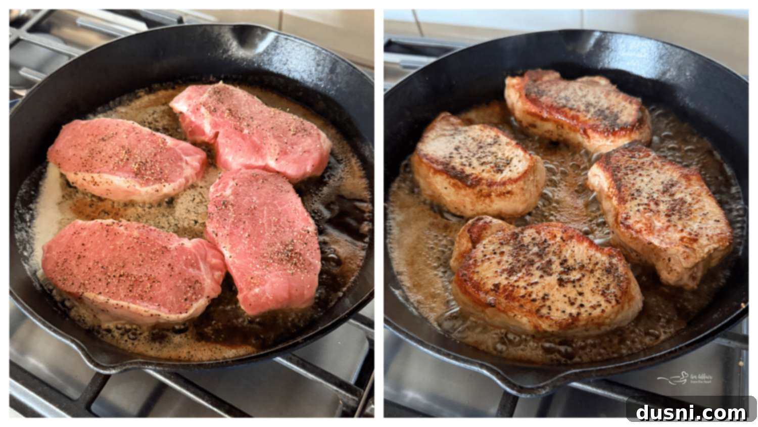 Searing thick-cut boneless pork chops in a cast iron skillet with melted butter.