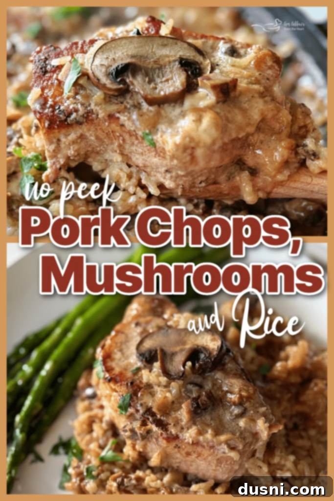 No Peek Pork Chops and Rice in a cast iron skillet, ready to be served, with a spoon for scooping.