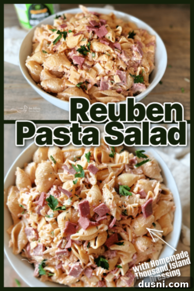 A close-up of Reuben Pasta Salad in a bowl, showing the texture and ingredients.