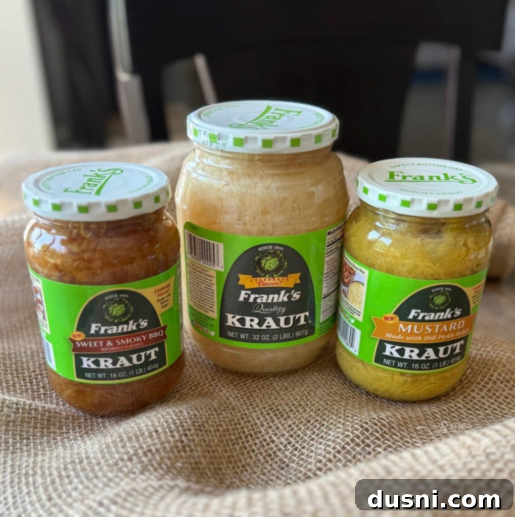 Assortment of Frank's Kraut varieties in jars, including Original, Mustard, Smoky BBQ, and Sweet Bavarian.