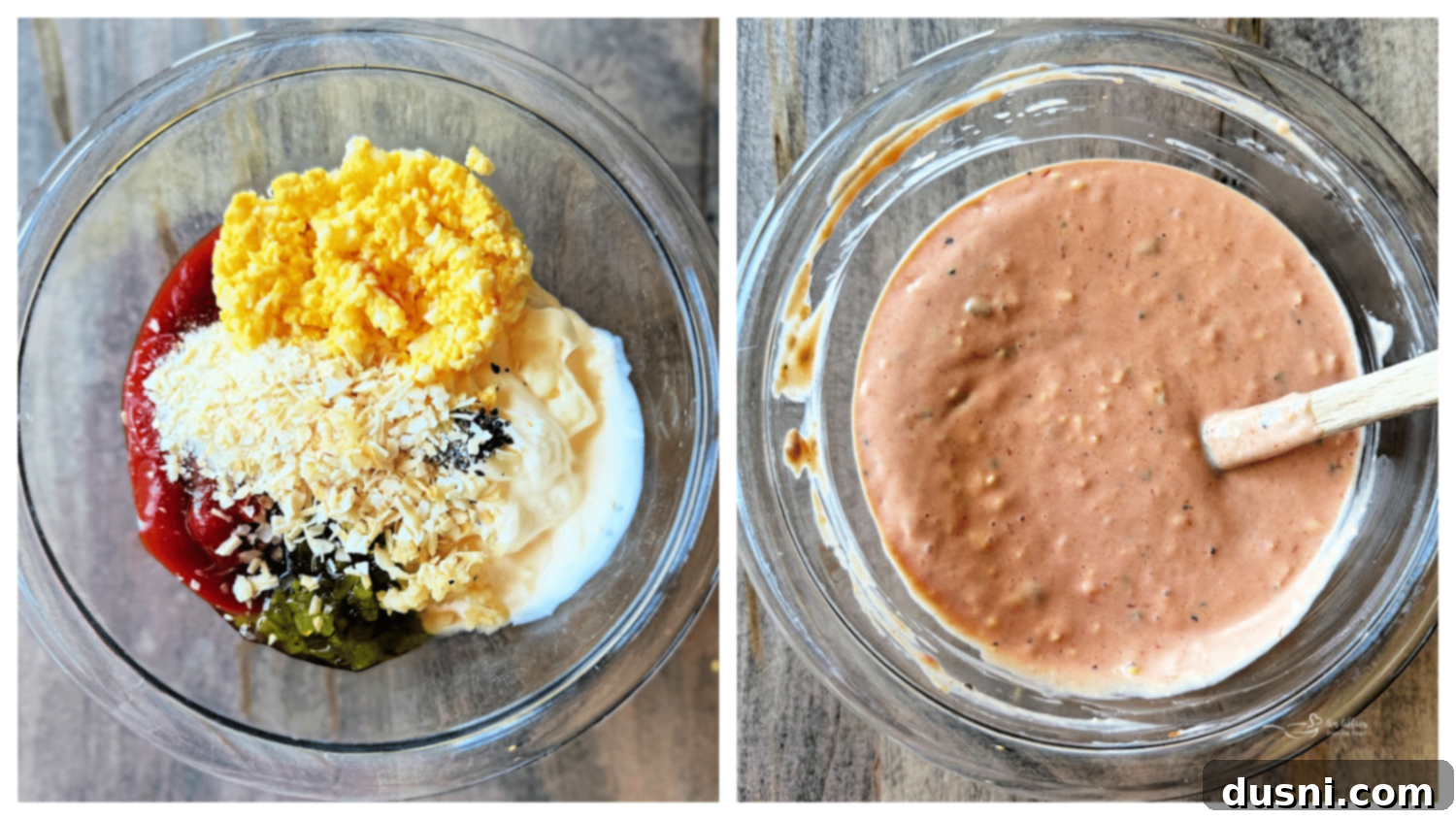 Ingredients for homemade Thousand Island dressing in a bowl, ready to be mixed.
