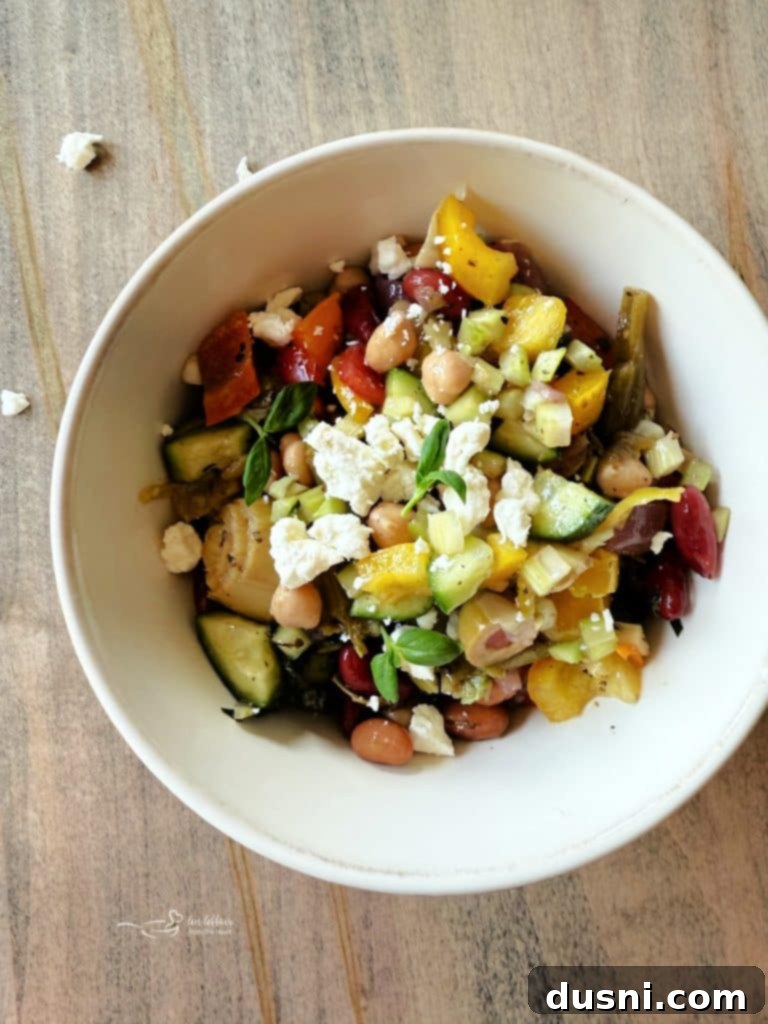 Fresh and pickled vegetables mixed together for the Mediterranean salad