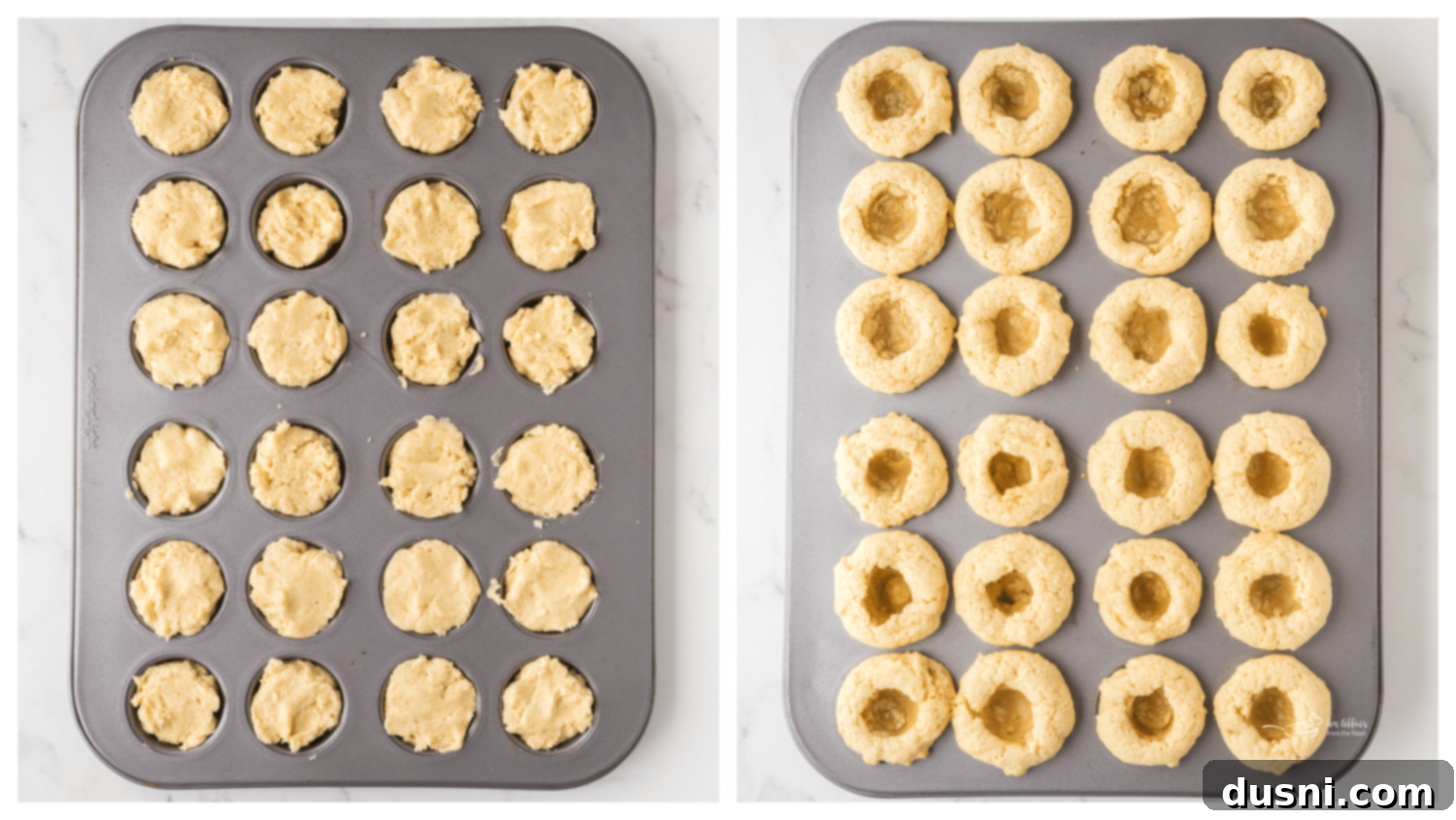 Delicious Frosted Sugar Cookie Cups 7 Scooping sugar cookie dough into a mini muffin tin.