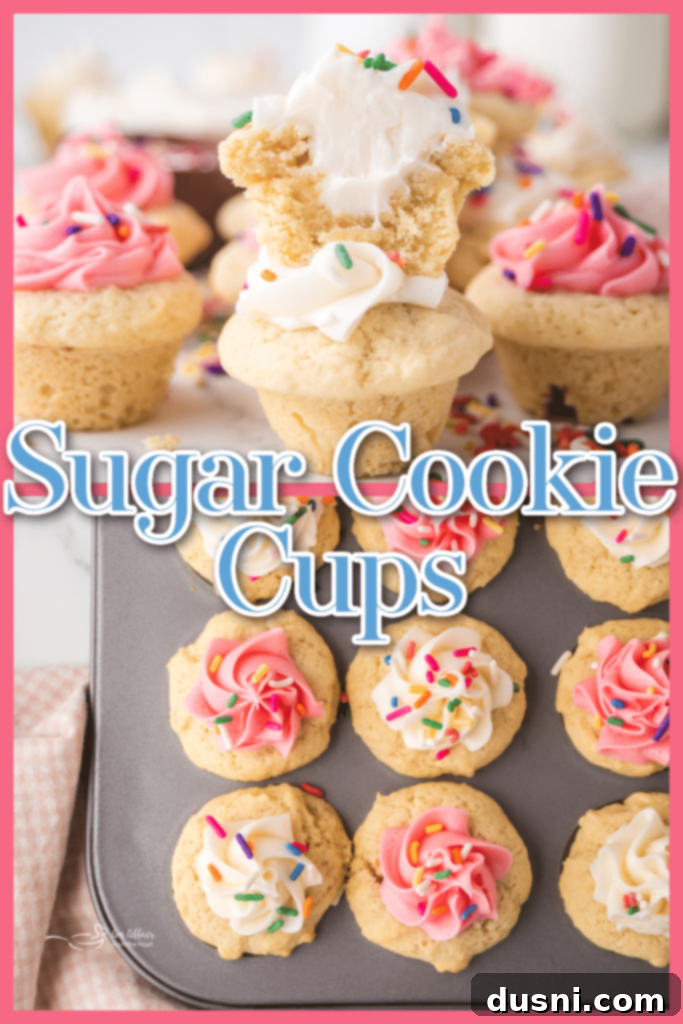 Delicious Frosted Sugar Cookie Cups 9 Frosted sugar cookie cups with pink and white frosting and rainbow sprinkles.
