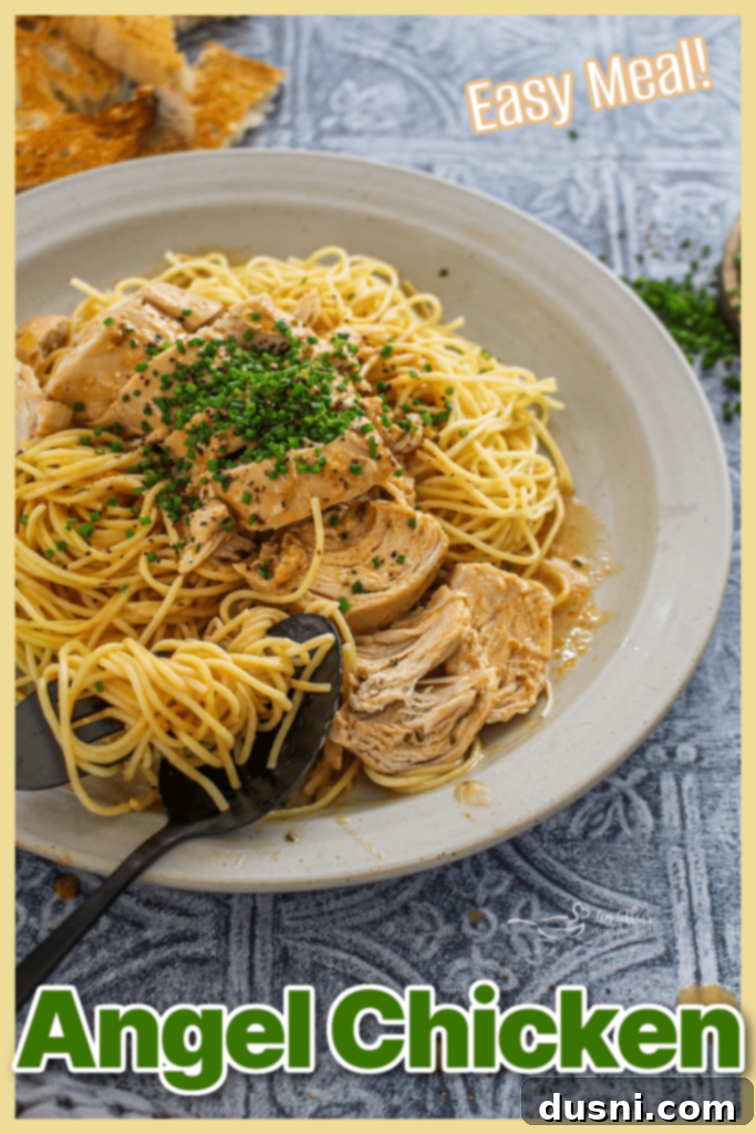 A finished bowl of Slow Cooker Angel Chicken garnished with fresh parsley.