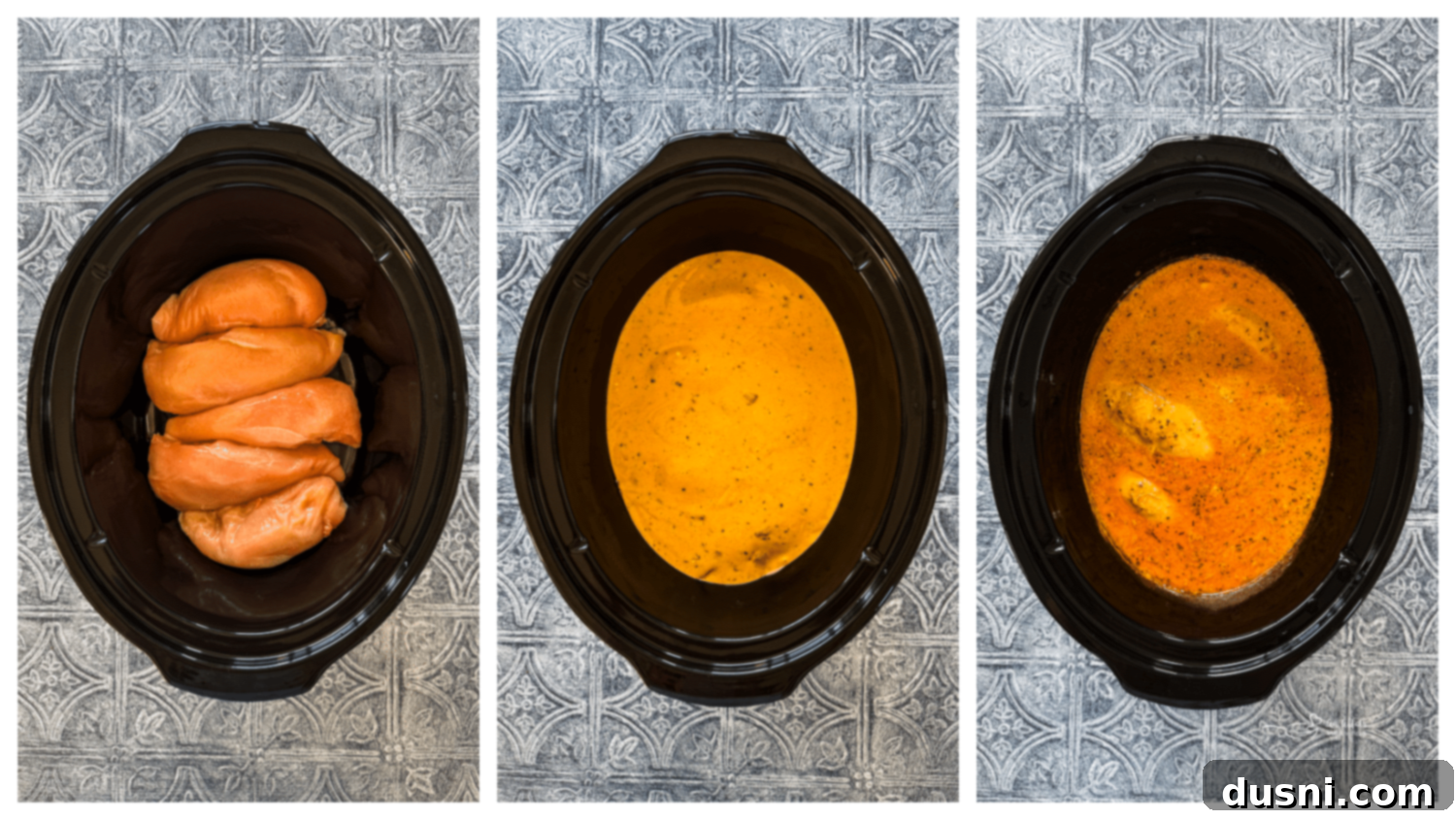 Step 2: Creamy sauce being poured over chicken breasts in the slow cooker.