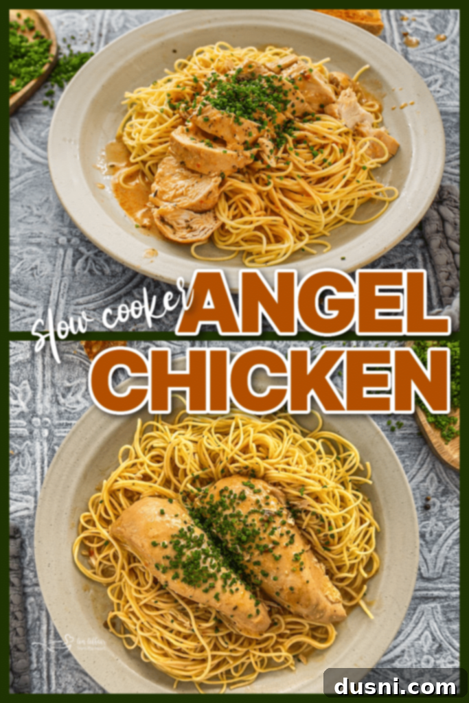 A bowl of Slow Cooker Angel Chicken with a fork, garnished with fresh herbs.