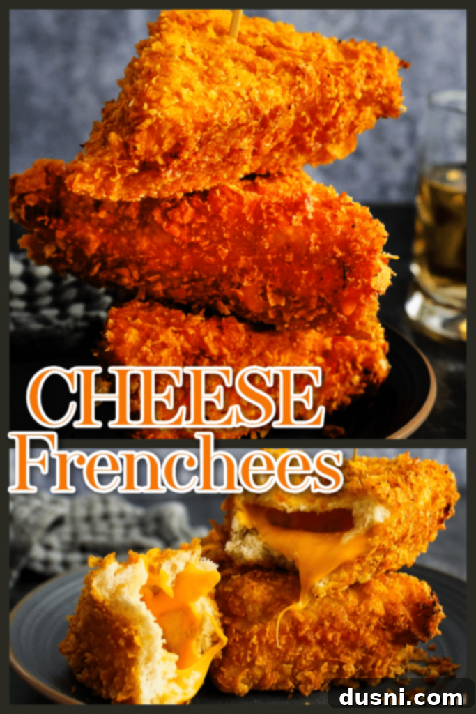 Crispy Cheesy French Toast 11 Two Cheese Frenchees served on a plate with pickles, cut in half to show the melted cheese.