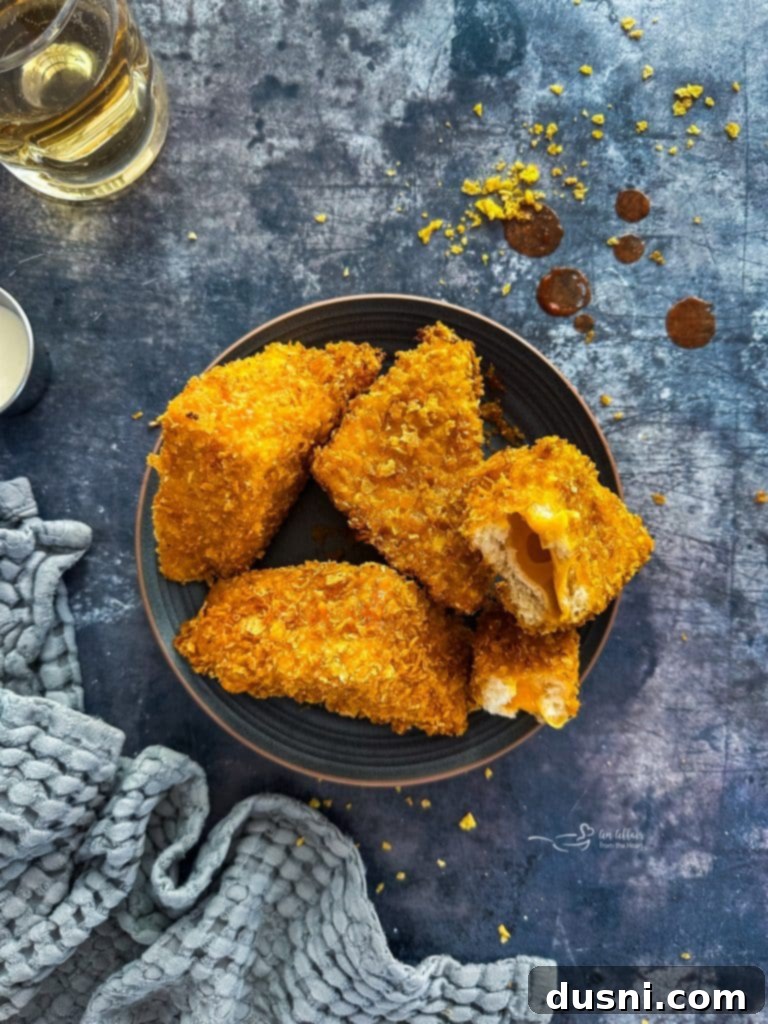 Crispy Cheesy French Toast 4 Several Cheese Frenchees arranged neatly on a platter, ready to be served.