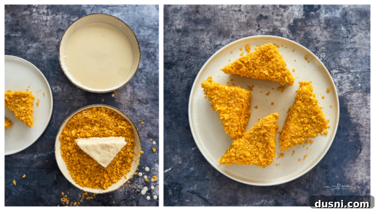 Crispy Cheesy French Toast 9 Dipping a cheese sandwich triangle into a bowl of batter.