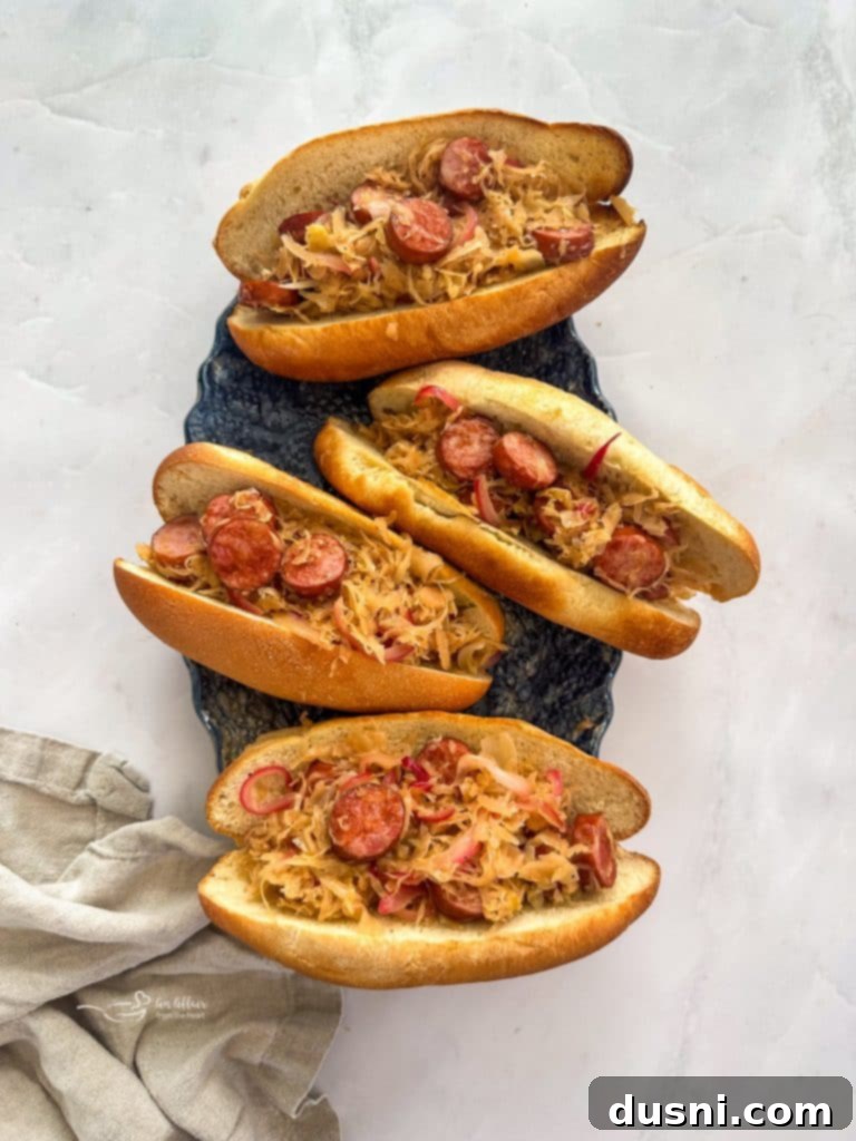 A close-up shot of a single Kielbasa and Sauerkraut Hoagie with a rustic backdrop.
