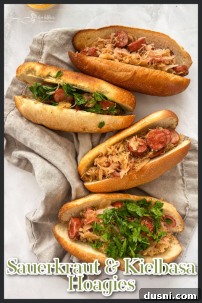 A beautifully presented Kielbasa and Sauerkraut Hoagie on a plate.