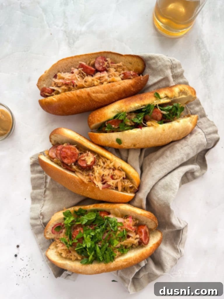 Close-up of a single Kielbasa and Sauerkraut Hoagie with fresh parsley, ready to be eaten.