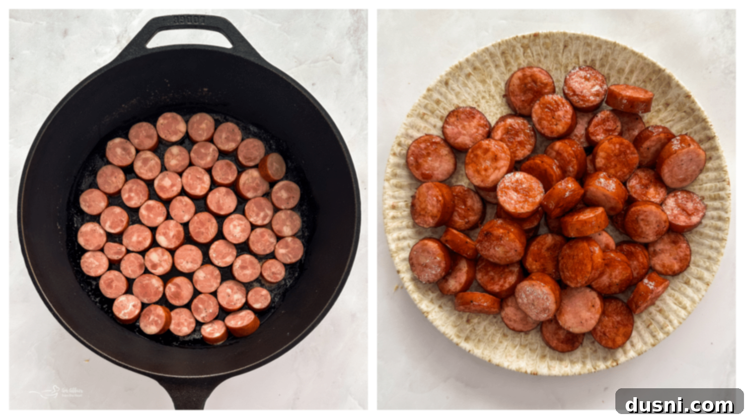 Slices of kielbasa browning in a cast-iron skillet with melted butter.