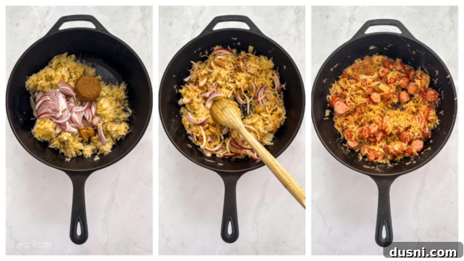 Sauerkraut, onions, brown sugar, and mustard cooking in a cast-iron skillet.