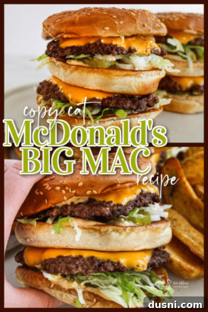 A stack of three homemade Big Mac burgers on a cutting board, ready to be served.