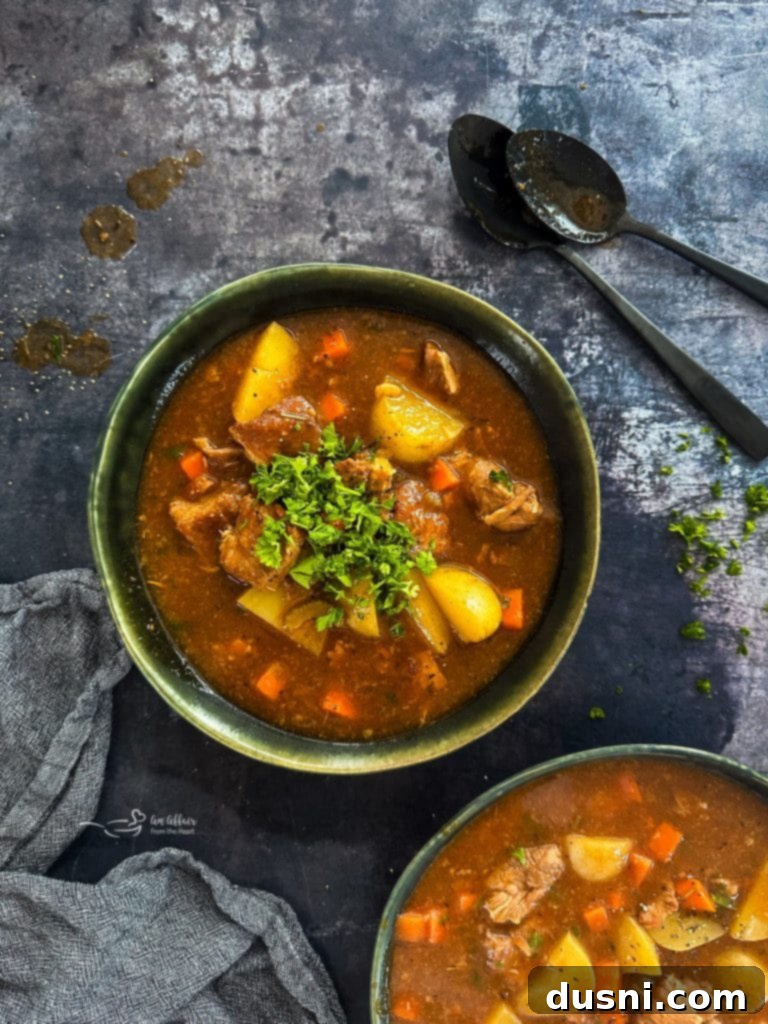 Hearty Pork Stew 2 Hearty Pork Stew in a large bowl, garnished with fresh parsley.