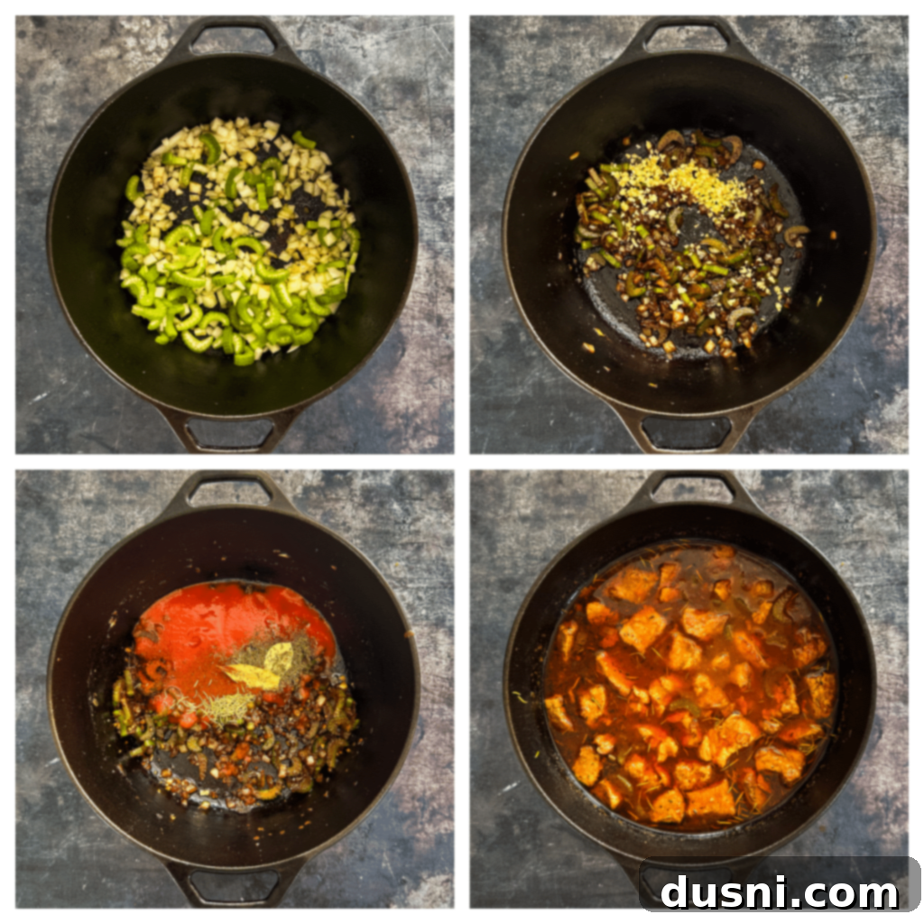 Hearty Pork Stew 11 Close-up of golden brown pork chunks in a Dutch oven.