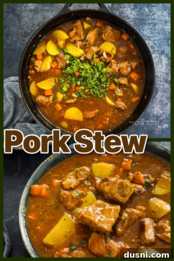 Hearty Pork Stew 14 Hearty pork stew served in a rustic bowl, garnished with herbs.