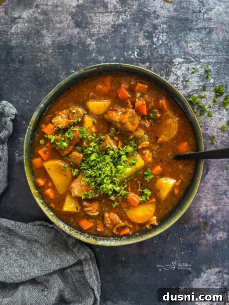 Hearty Pork Stew 7 Close up of a cooking pot with pork, vegetables, and broth simmering.