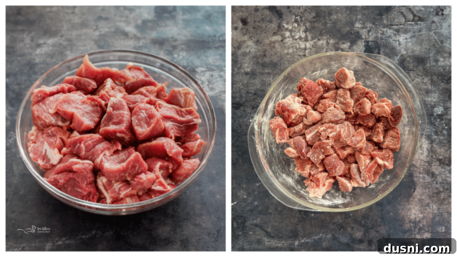 Hearty Pork Stew 9 Cubed pork shoulder dredged in flour and salt.