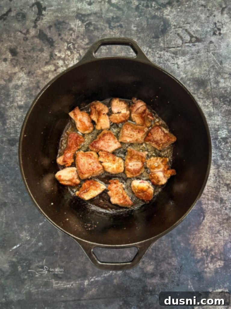 Hearty Pork Stew 10 Pork pieces searing in a Dutch oven with bacon fat.