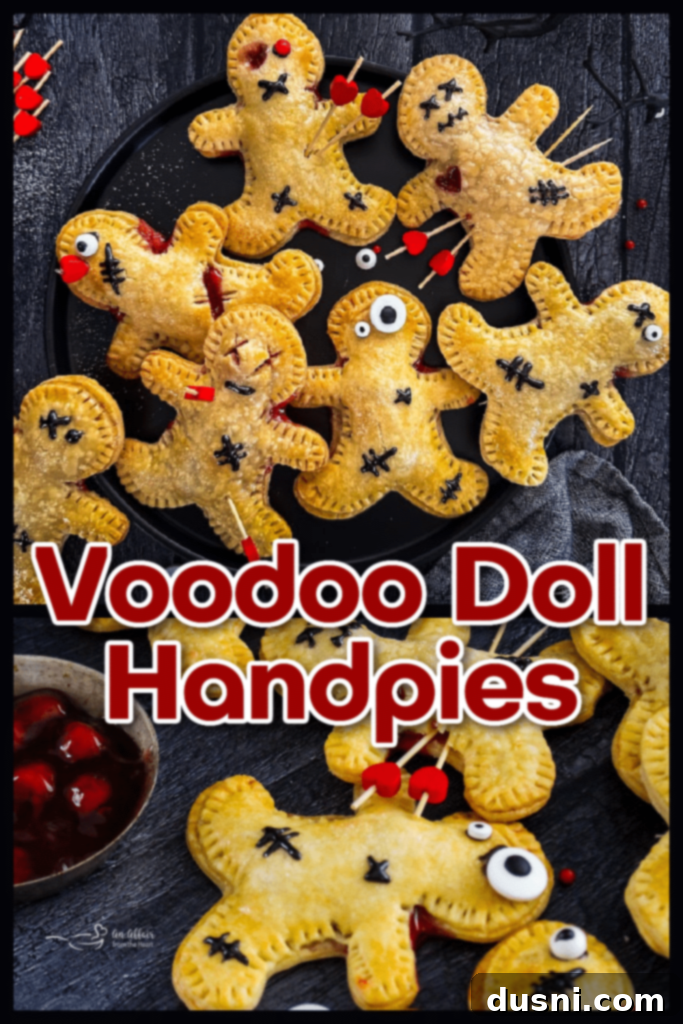 Mystic Doll Pastries 12 A close-up of a decorated Voodoo Doll Hand Pie with stitches, candy eyes, and a toothpick.