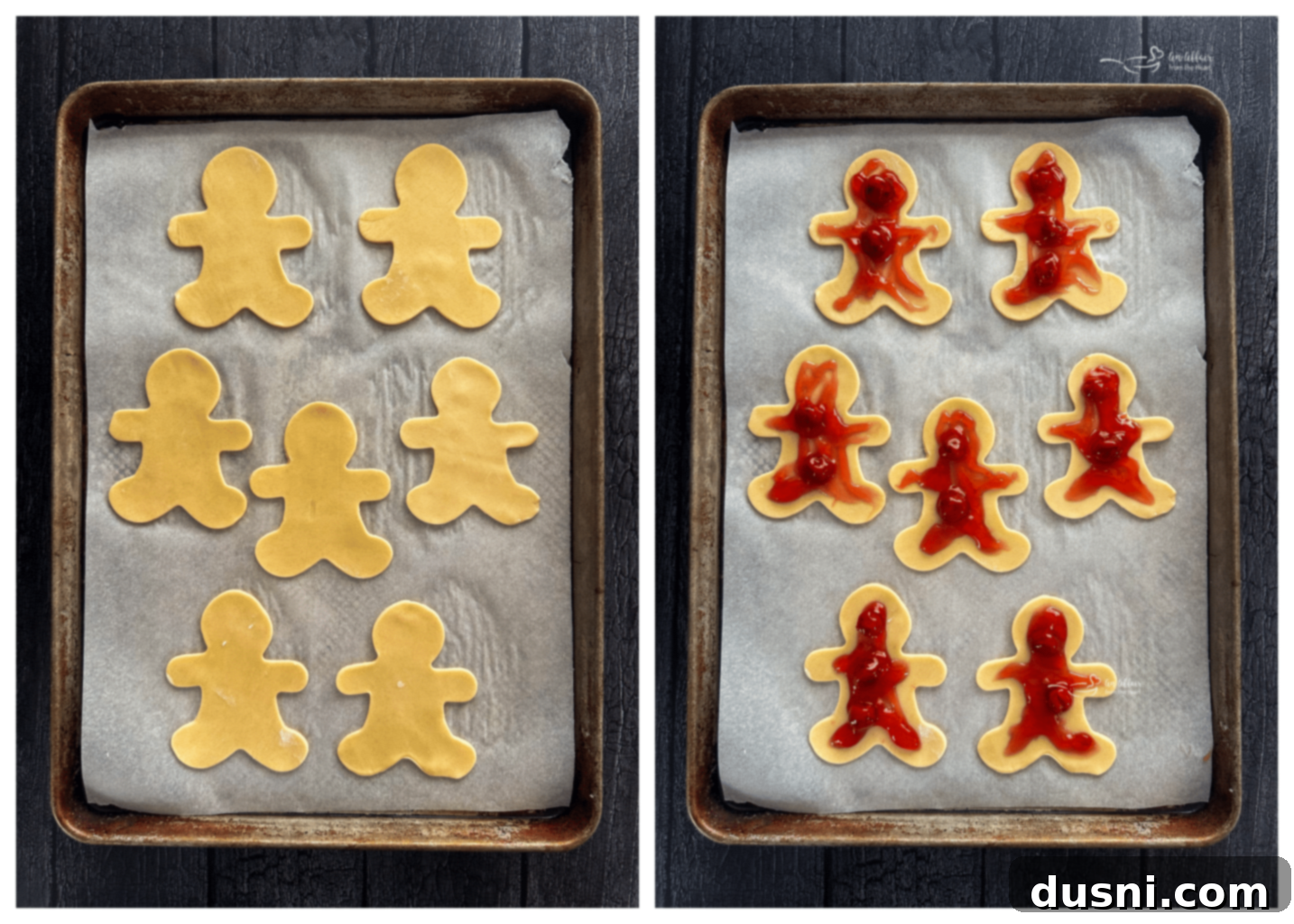 Mystic Doll Pastries 9 Assembling Voodoo Doll Hand Pies: pie crust shapes, cherry filling, and egg wash.