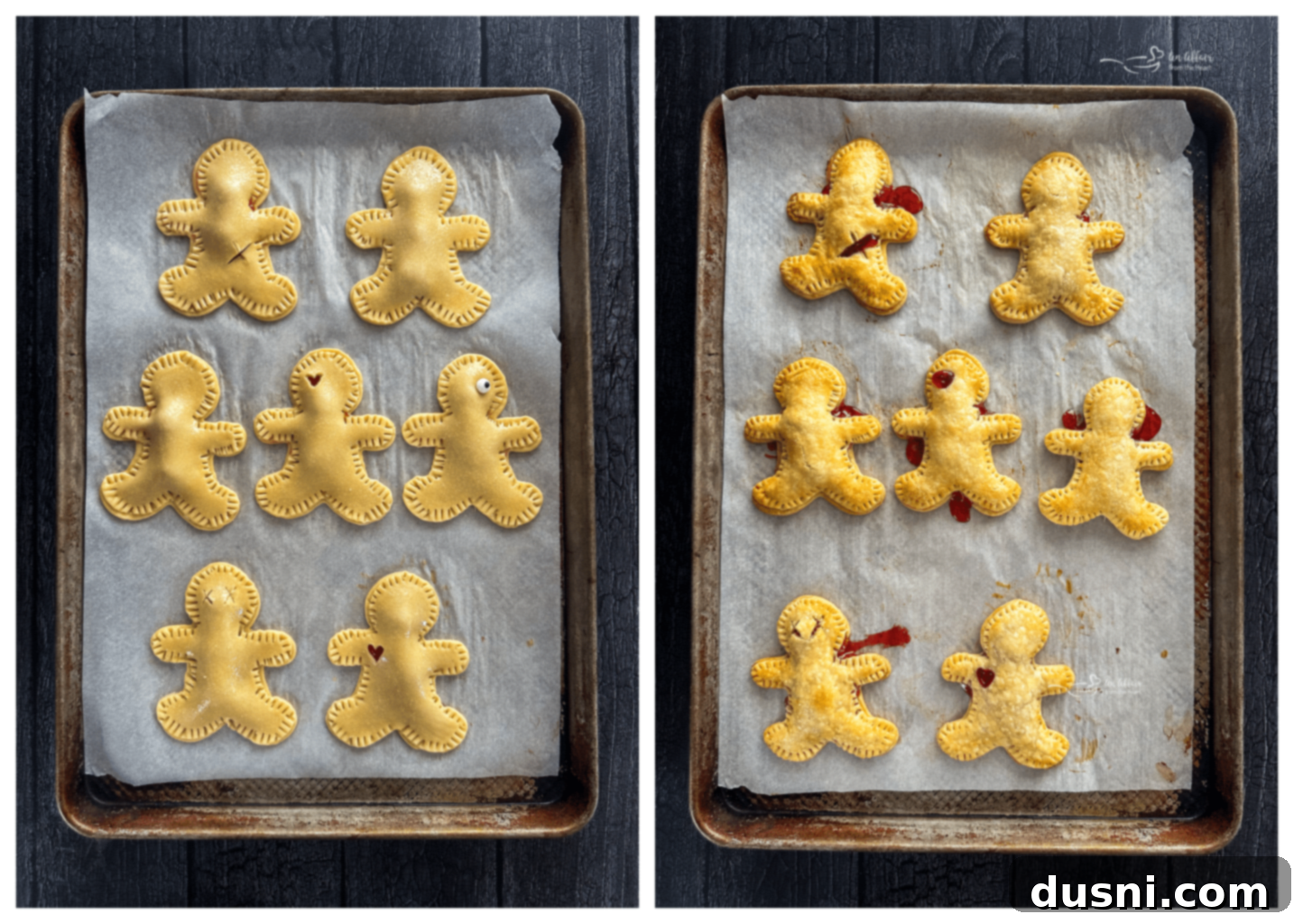 Mystic Doll Pastries 10 Crimping the edges of Voodoo Doll Hand Pies with a fork to create a 'stitched' look before baking.