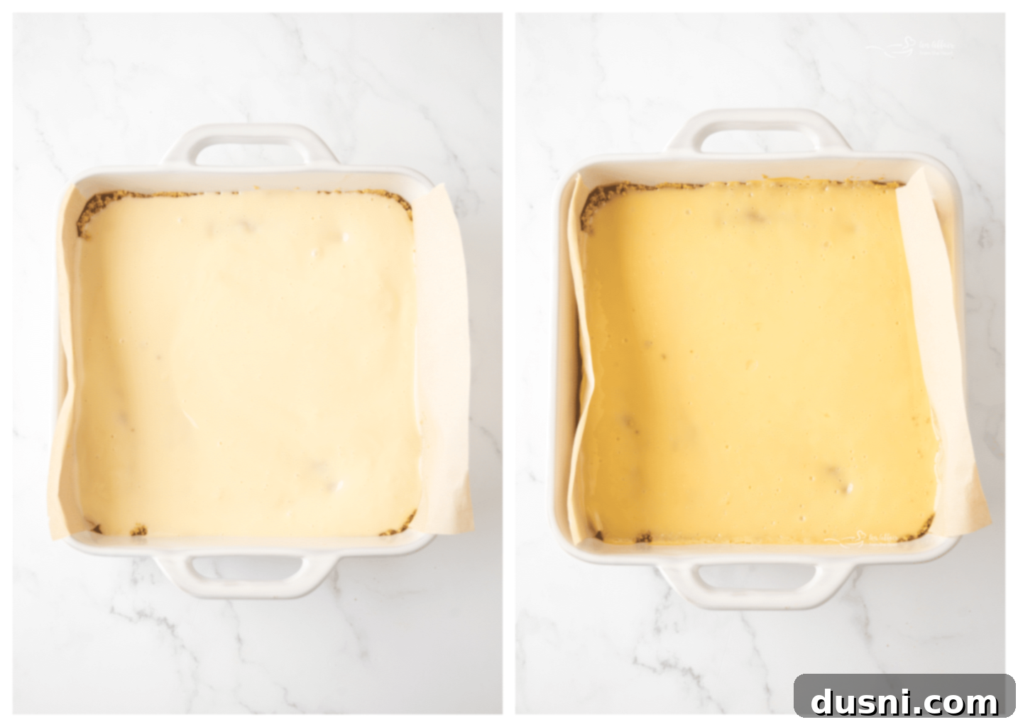 Zesty Key Lime Pie Bars 10 Pouring key lime pie filling over the graham cracker crust.