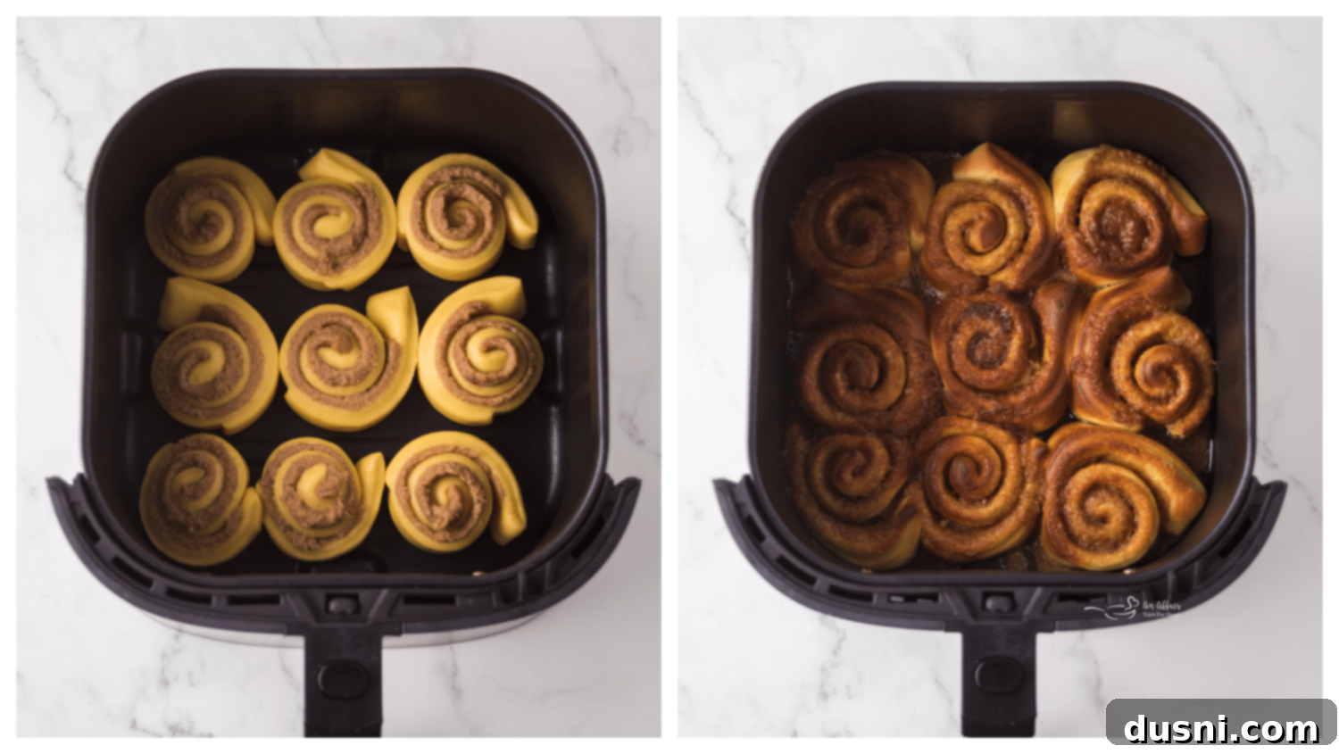 Air Fryer Cinnamon Roll Perfection 7 Air fryer basket filled with unbaked cinnamon rolls, ready for cooking.