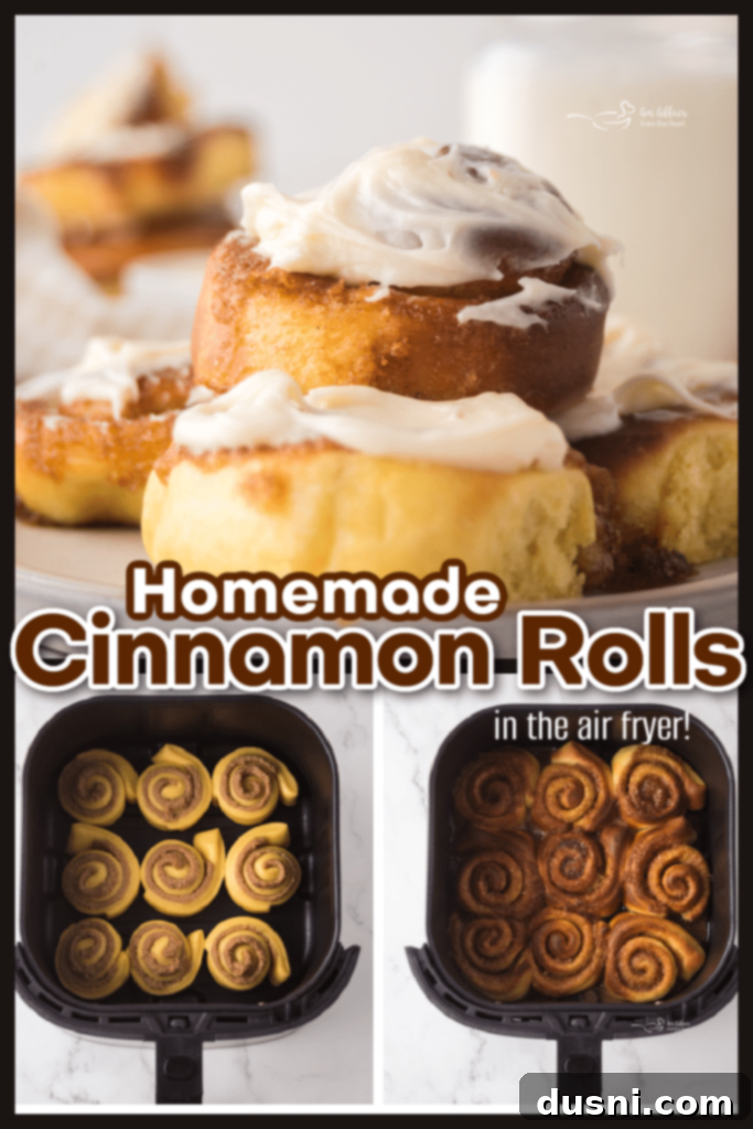 Air Fryer Cinnamon Roll Perfection 8 A stack of air fryer cinnamon rolls on a plate with cream cheese frosting.