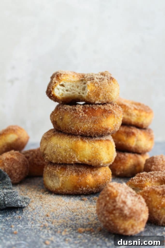 Air Fryer Cinnamon Roll Perfection 10 Close up of Air Fryer Biscuit Donuts stacked on a counter.