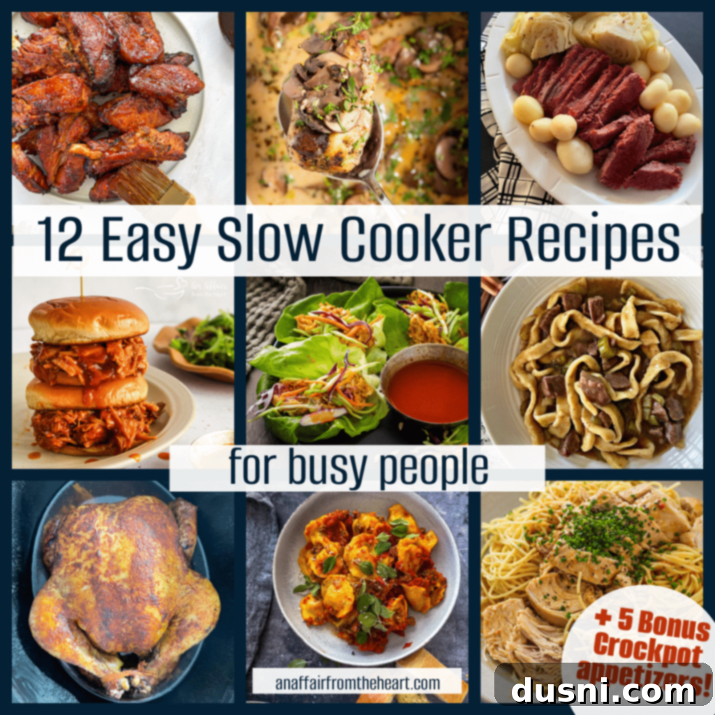 12 Simple Slow Cooker Delights 5 A collage of various slow cooker recipes, including main dishes and appetizers, showcasing diverse options.
