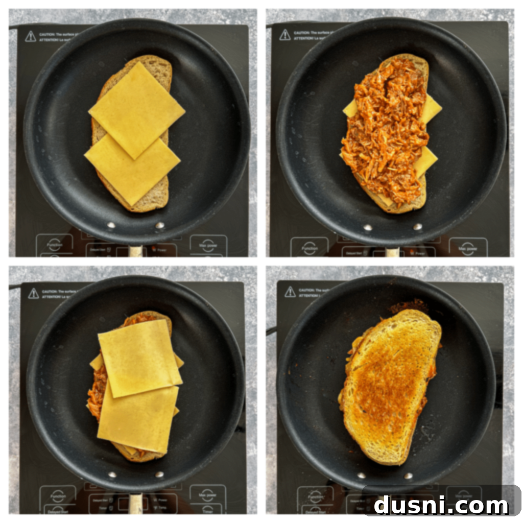 Assembling a Pulled Pork Grilled Cheese sandwich with buttered bread, cheese, and warmed BBQ pork.