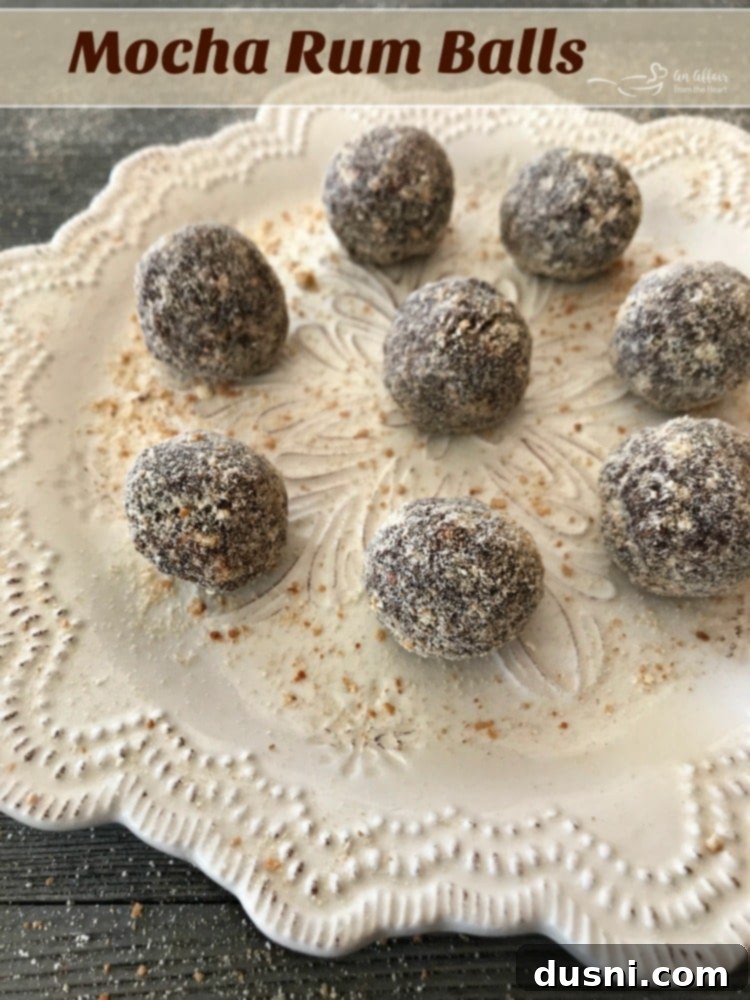 Decadent Mocha Rum Truffles 16 Mocha Rum Balls arranged on a tiered serving stand