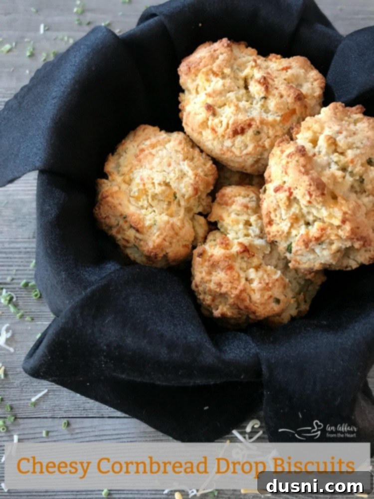 Hero shot of Cheesy Cornbread Drop Biscuits, perfectly golden and inviting