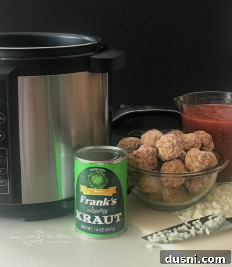 Instant Pot Meatball Sub preparation with meatballs, sauce, and onion