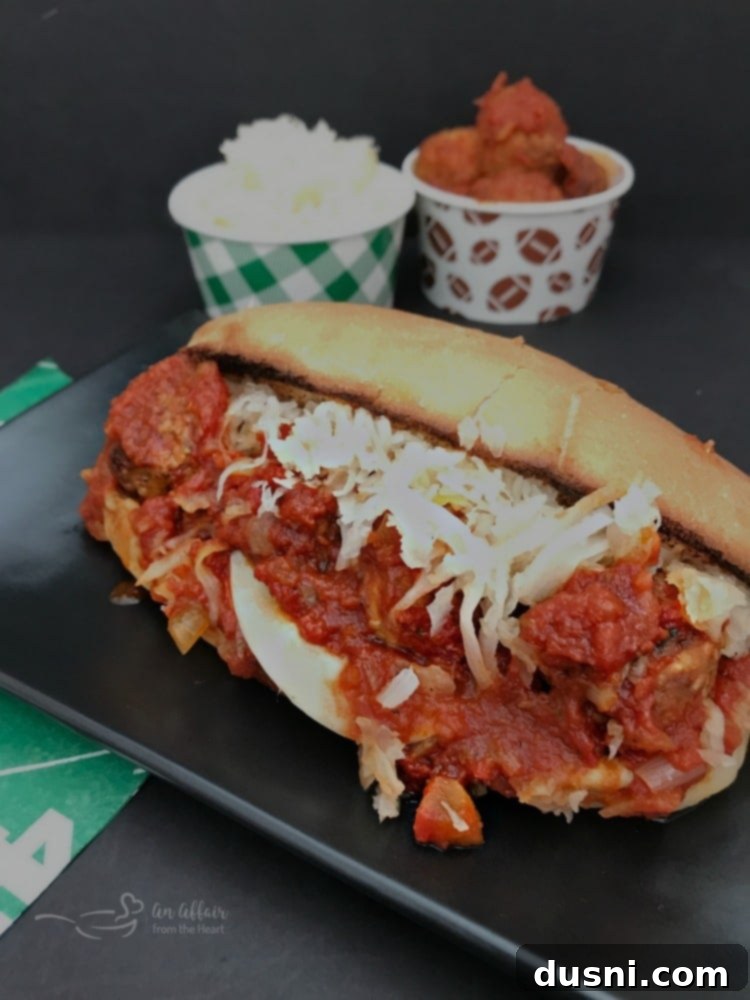 Close-up of a finished Instant Pot Meatball Sub with Kraut