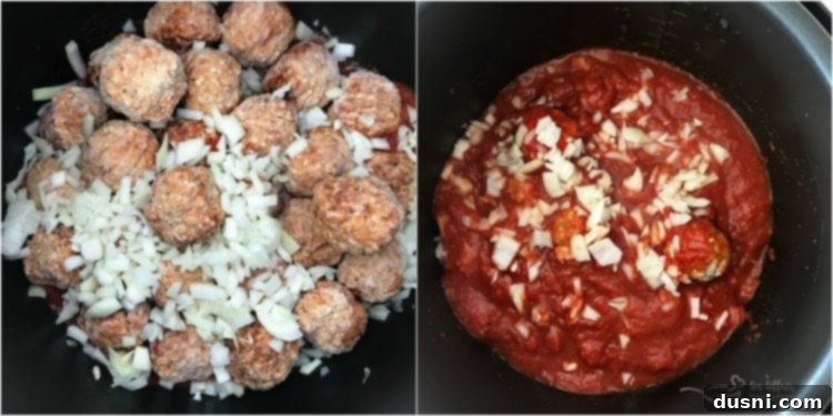 Instant Pot Meatball Sub ingredients layered in the Instant Pot