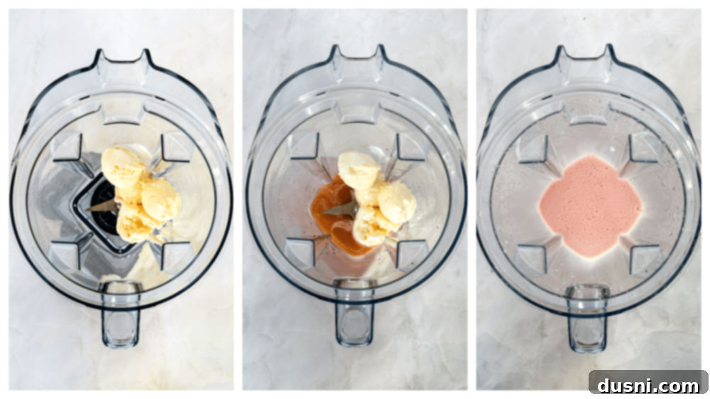 Velvet Almond Blush 8 Ingredients for Pink Squirrel cocktail being added to a blender.