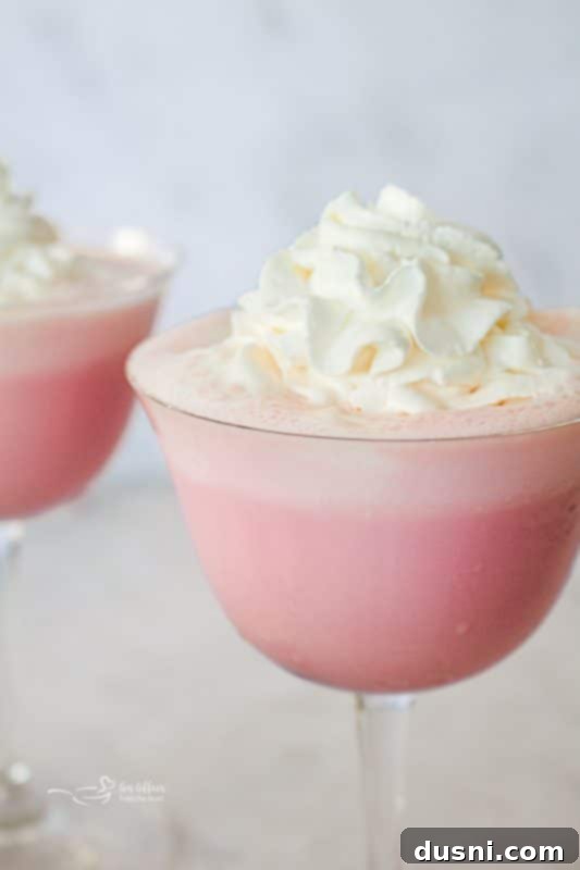 Velvet Almond Blush 10 Two glasses of Pink Squirrel cocktail, one plain and one garnished.