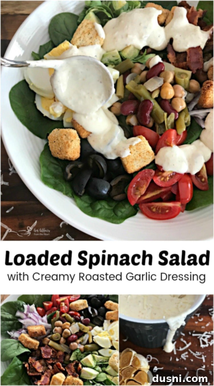 A vibrant Loaded Spinach Salad with Creamy Roasted Garlic Dressing from An Affair from the Heart